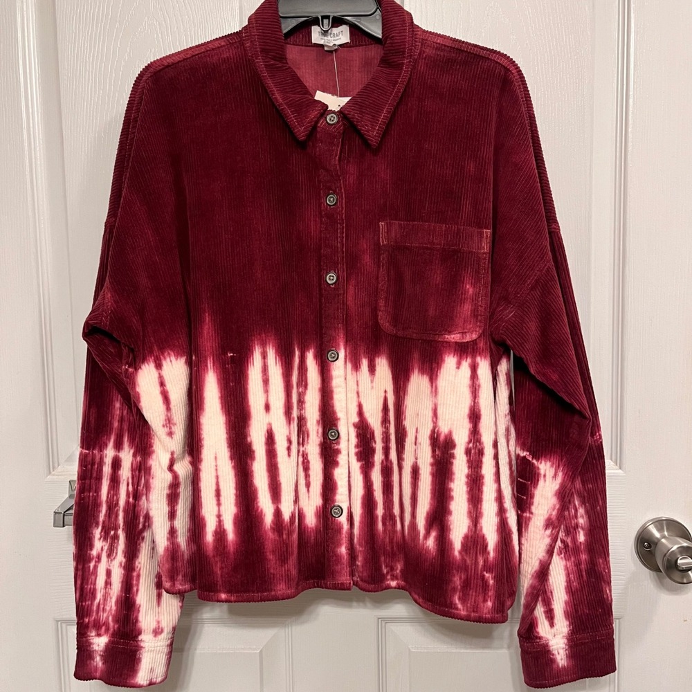 True Craft Red Corduroy Tie Dye Button Down Shirt XL Cozy Cabin Burgundy NEW